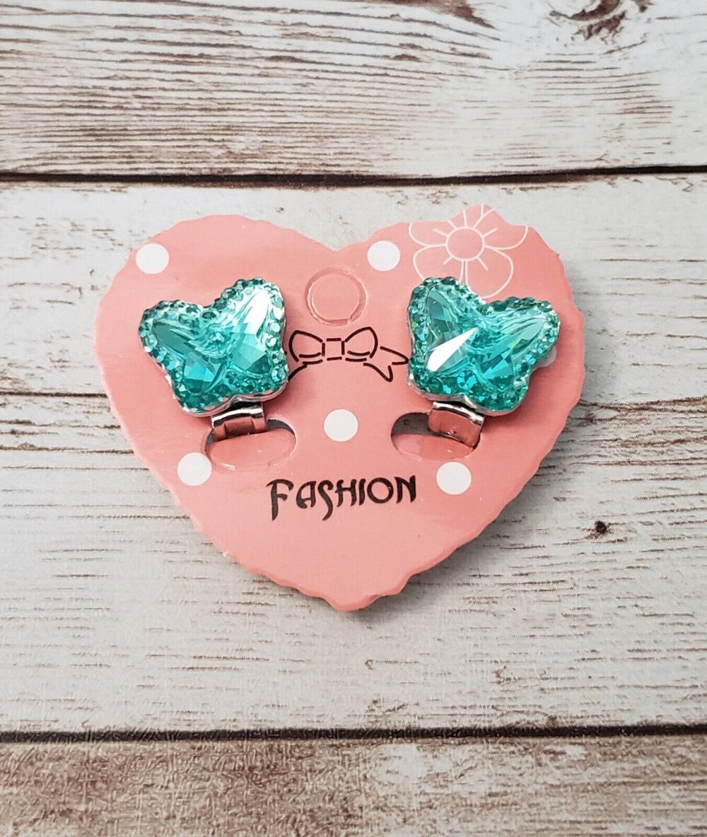 Clip On Earrings Turquoise Tone Butterfly Shape Gems - New